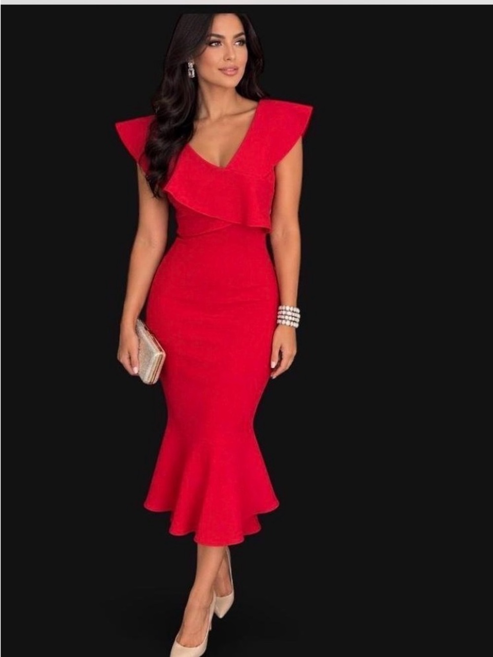 Forever New Red Ruffle Midi Mermaid Dress
